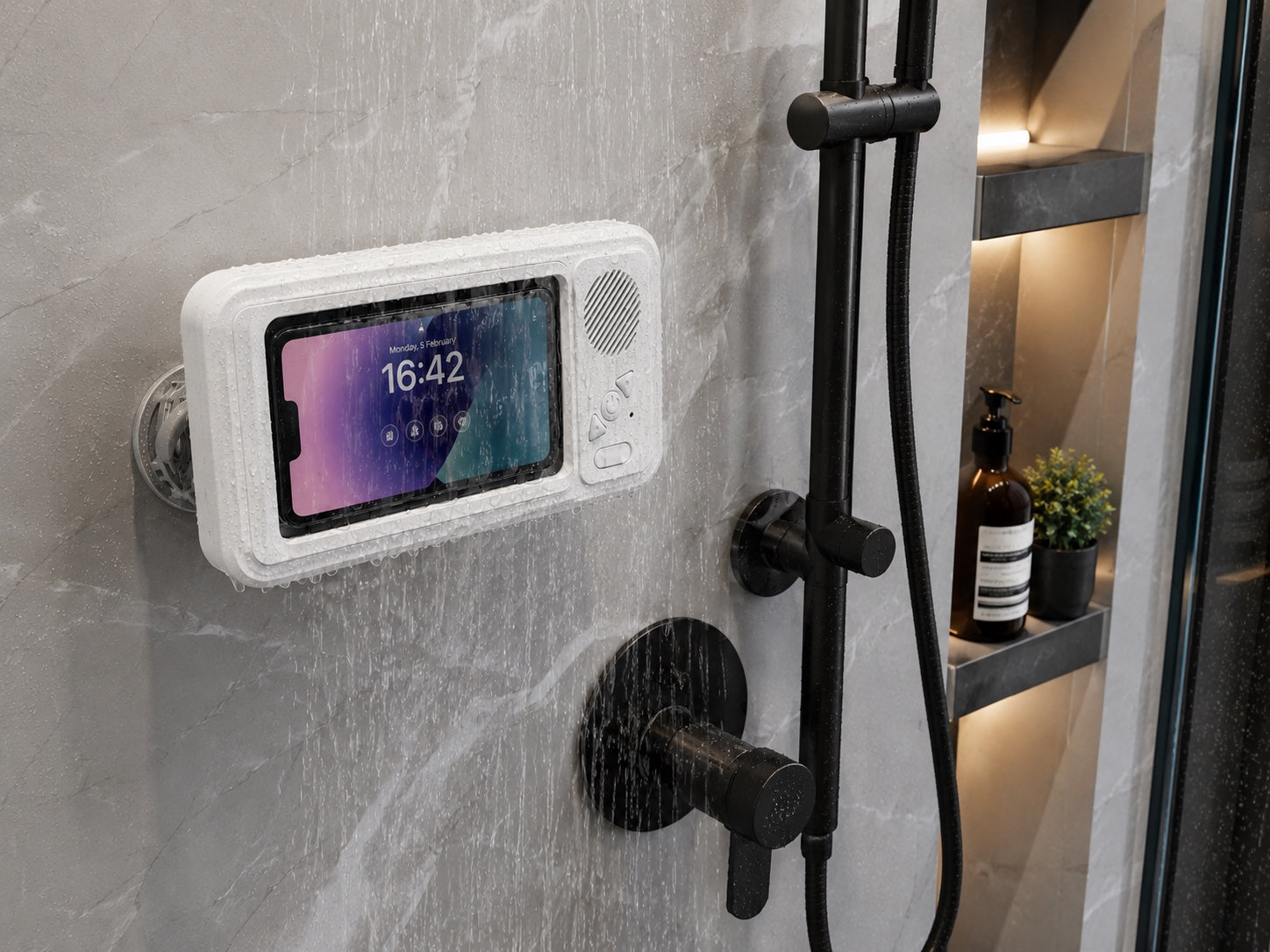 Photography of a white retro-style waterproof phone holder displaying a digital clock and vibrant wallpaper, mounted on a grey marble shower wall with water splashing, beside sleek matte black shower fixtures and an illuminated recessed shelf